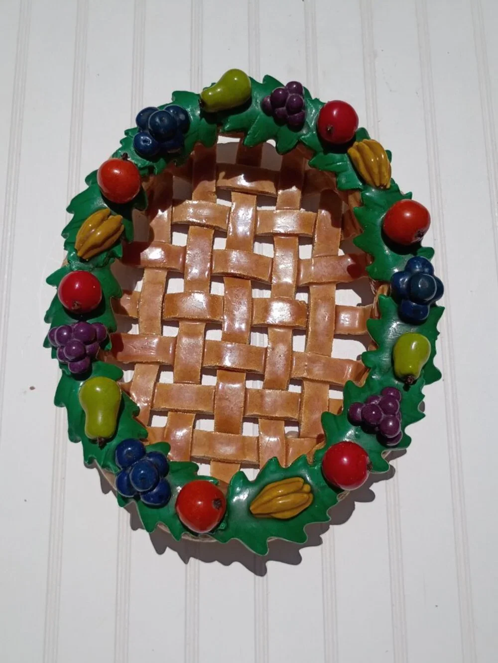 Vintage Salt Bread Dough Fruit Basket Woven Folk Art Centerpiece Bowl Handmade